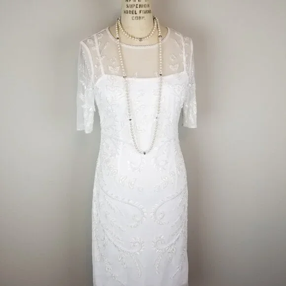 Adrianna Papell Beaded Sheath Dress - White - US 4 (S)